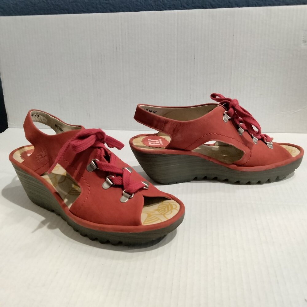 FLY London Wedge Sandal, Open Toe Lace Up Suede, YLFA742FLY Rare Color Scarlet,